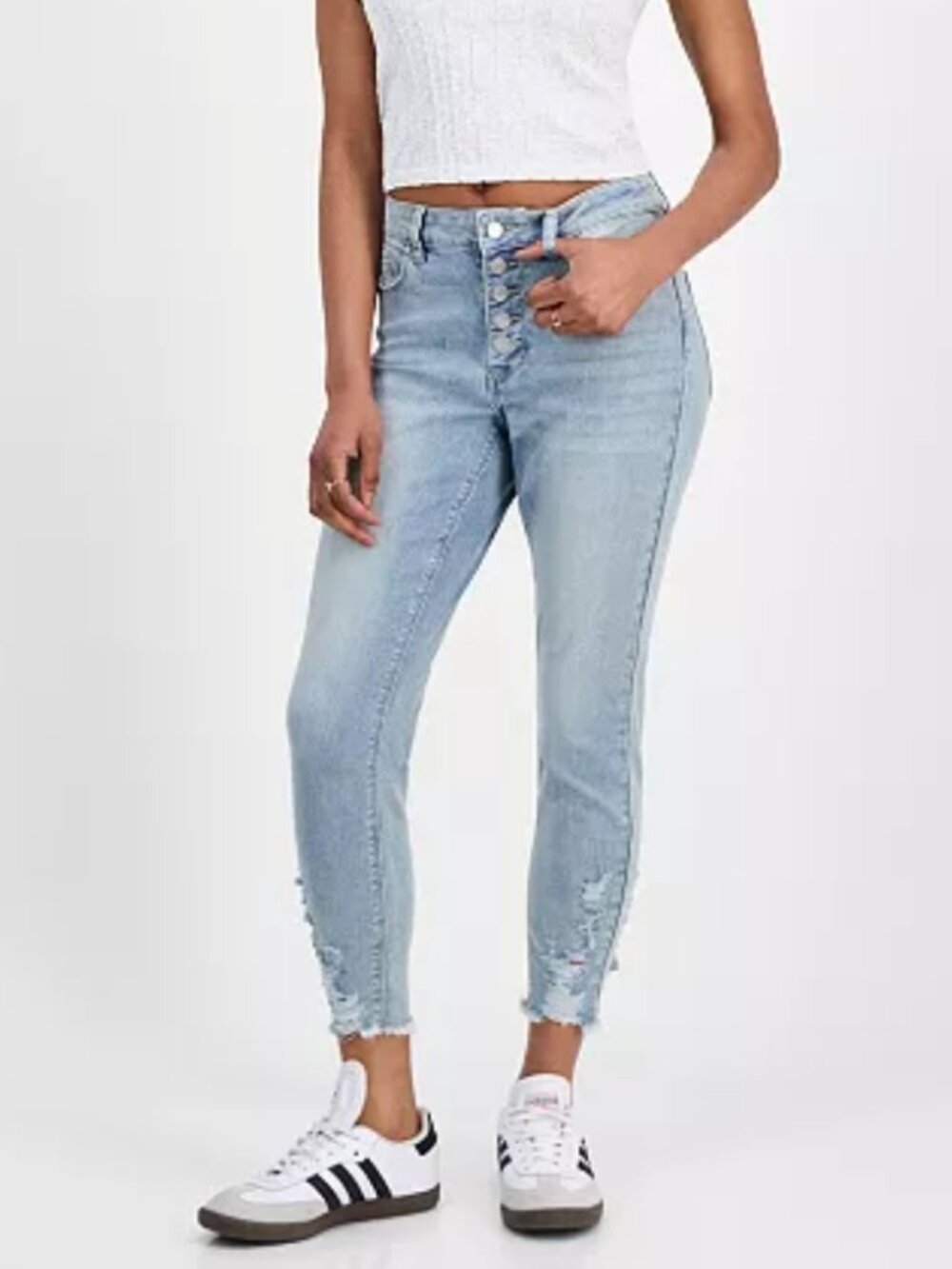 Indigo Rein Juniors' Mid Rise Button Fly Distressed Cropped Curvy Jeans